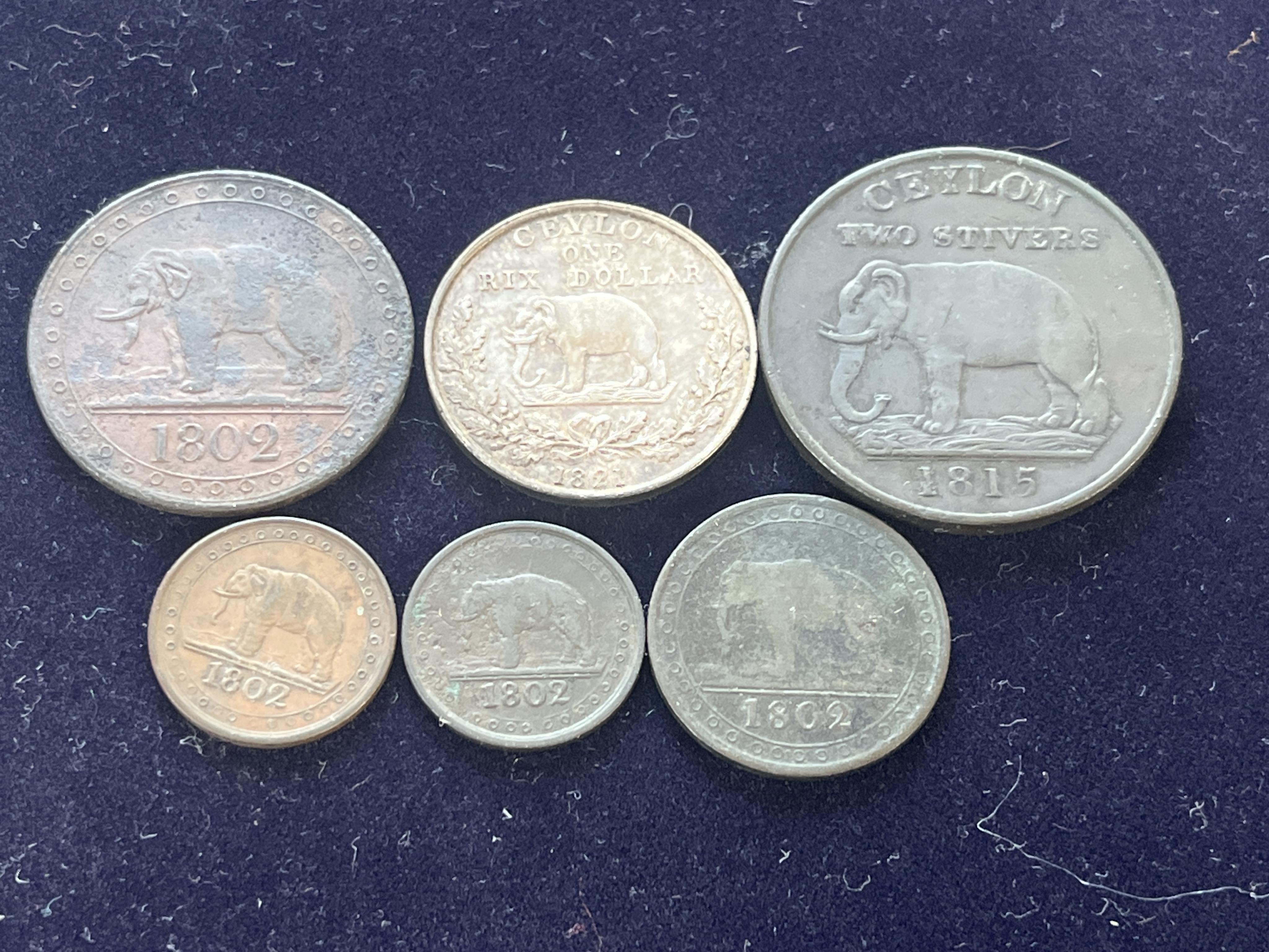 British Ceylon coins, George III to George VI, and Republic of Ceylon, an album, highlights include One Rix dollar 1821, about EF, 48th rupee 1802, two Stivers 1815, dark patina, about VF, 192nd rupee 1802, 96th rupee 18